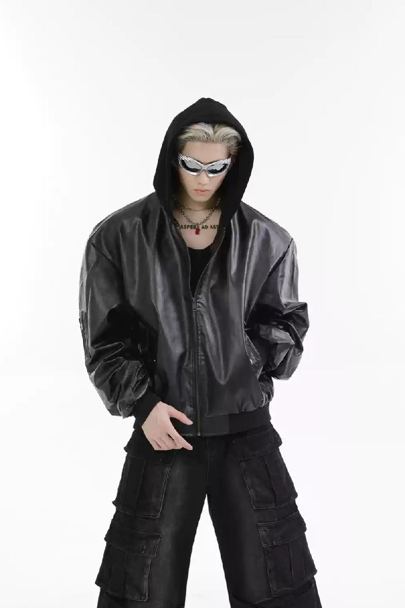 PU Leather Hooded Jacket