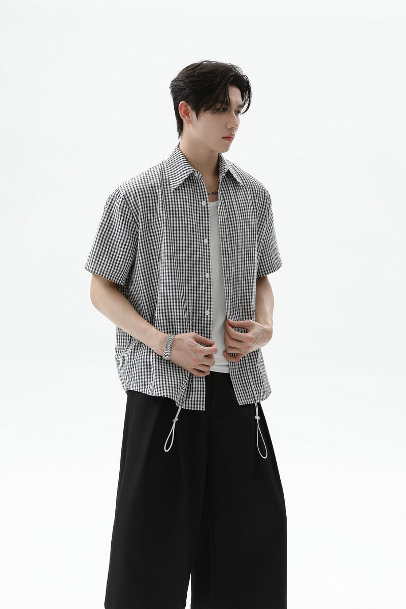 Plaid Drawstring Short Sleeve Shirt
