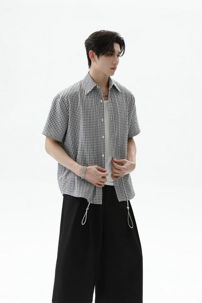 Plaid Drawstring Short Sleeve Shirt