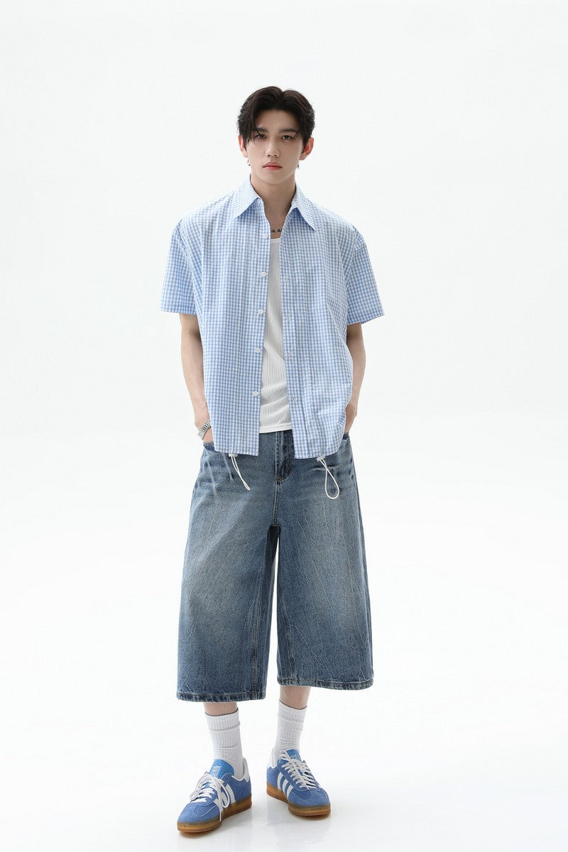Plaid Drawstring Short Sleeve Shirt