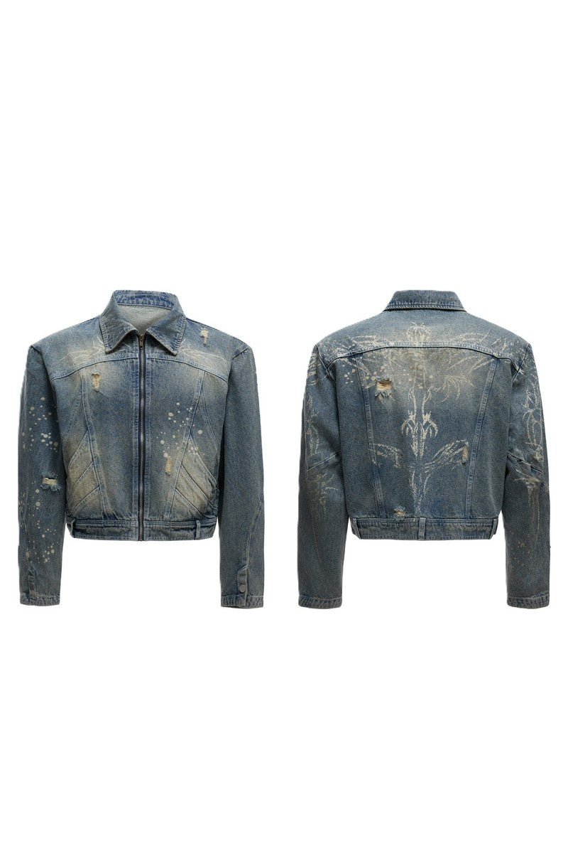Distressed Burnout Cropped Denim Jacket