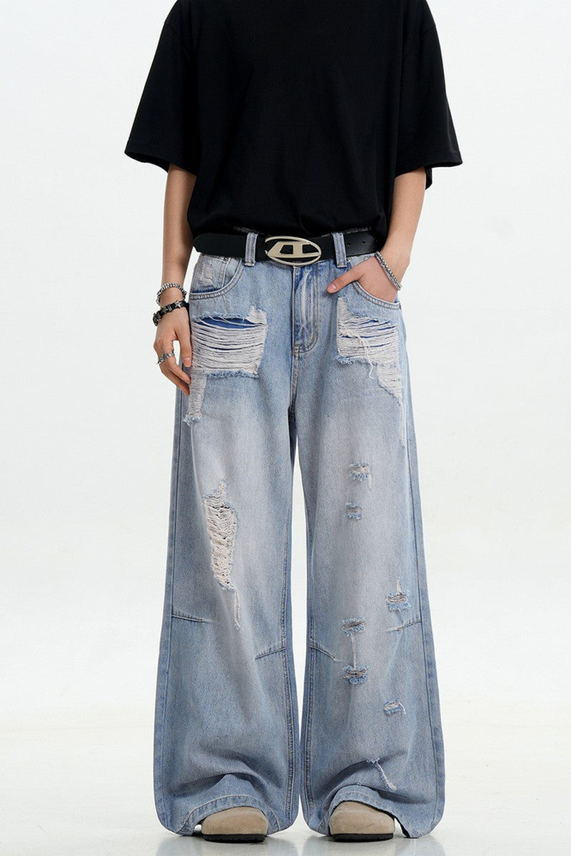 Light Blue Ripped Loose Jeans
