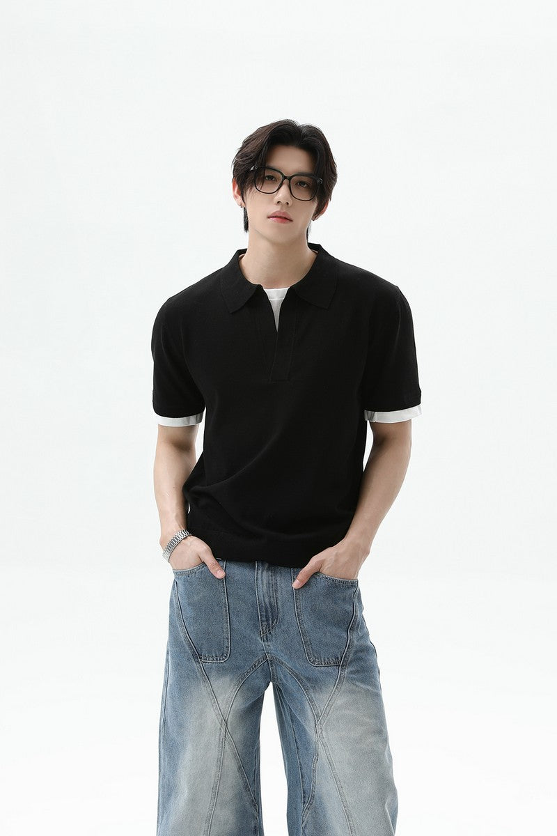 Layered Look Polo Knit Tee