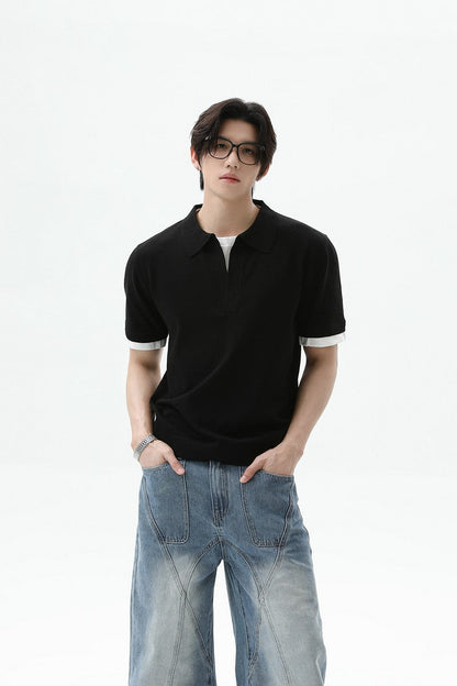Layered Look Polo Knit Tee