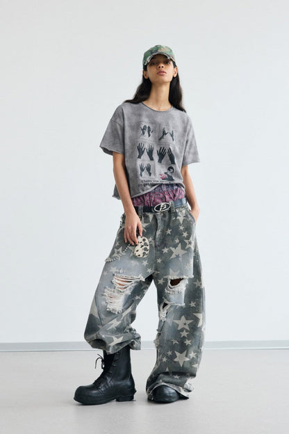 Star Distressed Wide Jeans