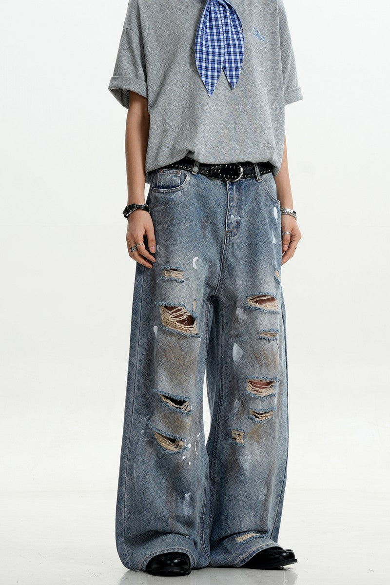Splatter Ripped Straight Jeans