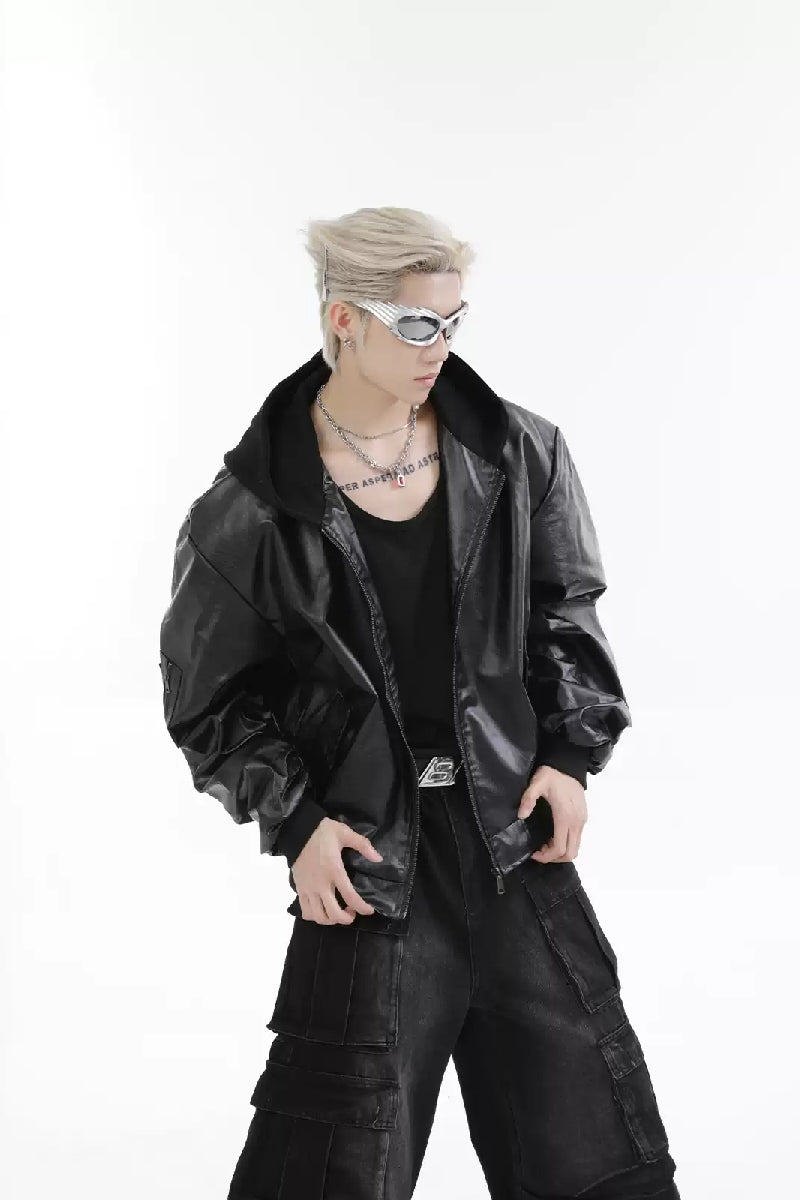 PU Leather Hooded Jacket