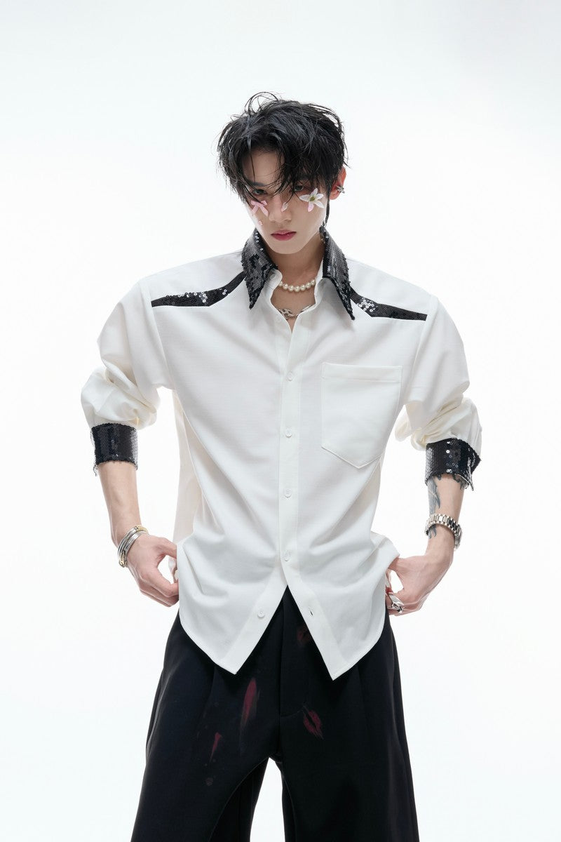 Colorblock Sequin Draped Shoulder Shirt