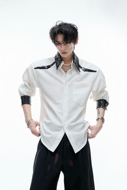 Colorblock Sequin Draped Shoulder Shirt