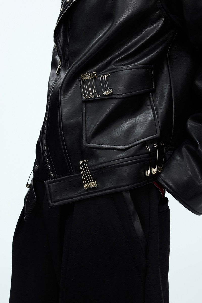 Pin Detail Geisha Print Leather Jacket