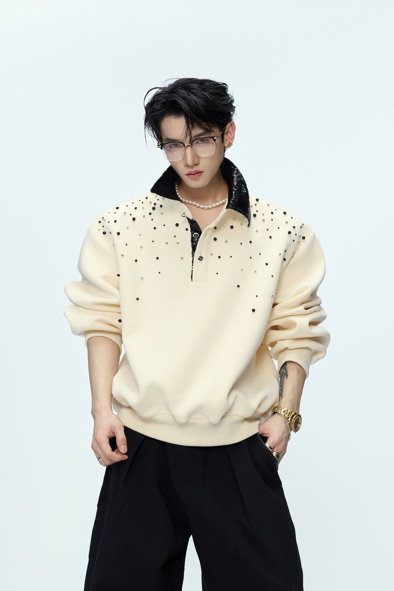 Pearl Sequin Colorblock Polo Sweatshirt