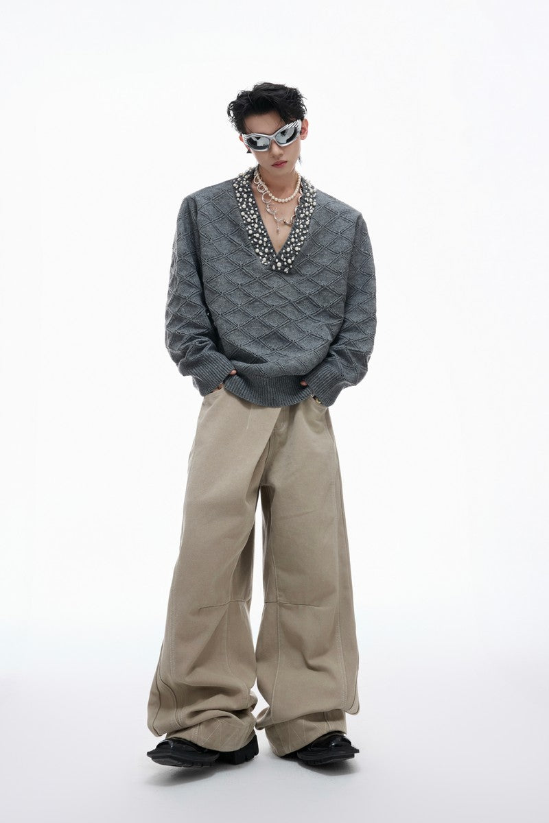 Rhinestone Diamond Knit V-Neck Sweater