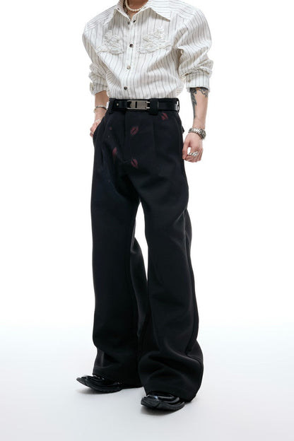 Lipstick Print Pleated Flare Trousers