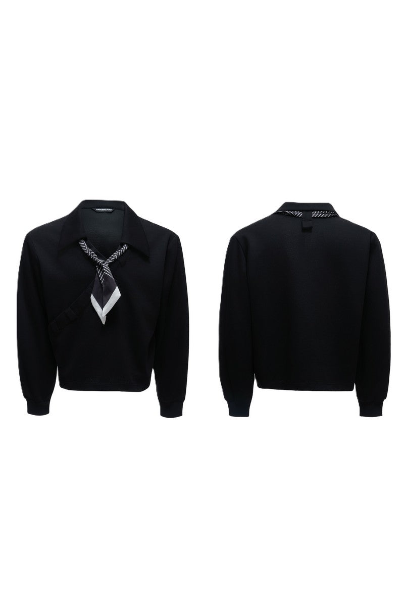 Striped Scarf V-Neck Polo Sweatshirt