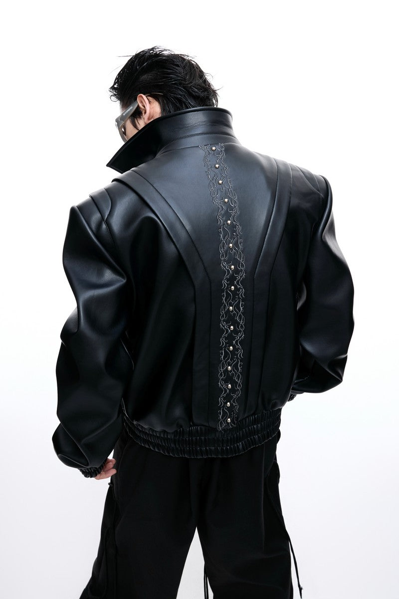 Embroidered Deconstructed Cropped Leather Jacket