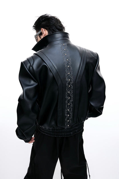 Embroidered Deconstructed Cropped Leather Jacket