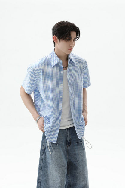 Plaid Drawstring Short Sleeve Shirt