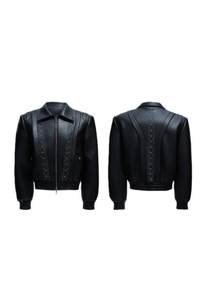 Embroidered Deconstructed Cropped Leather Jacket