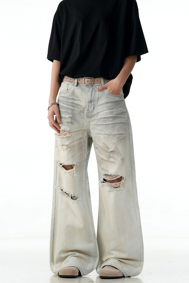 Faded Ripped Wide Jeans