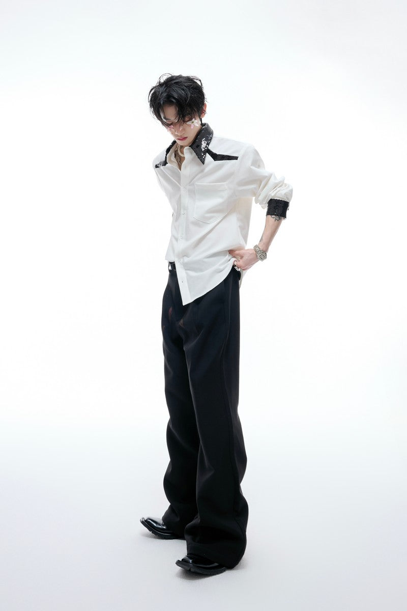 Colorblock Sequin Draped Shoulder Shirt