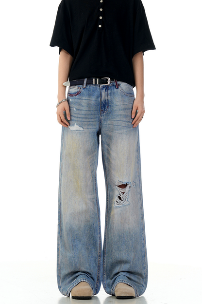 Ripped Straight Wide Jeans
