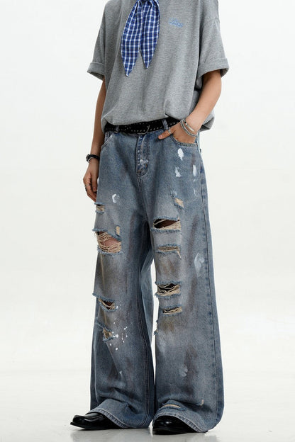 Splatter Ripped Straight Jeans