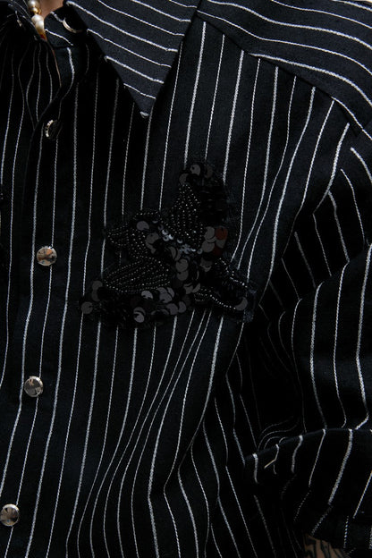 Striped Sequin Embroidered Linen Shirt