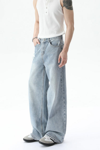Washed Distressed Straight Leg Jeans