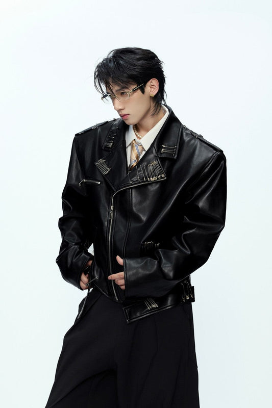 Pin Detail Geisha Print Leather Jacket