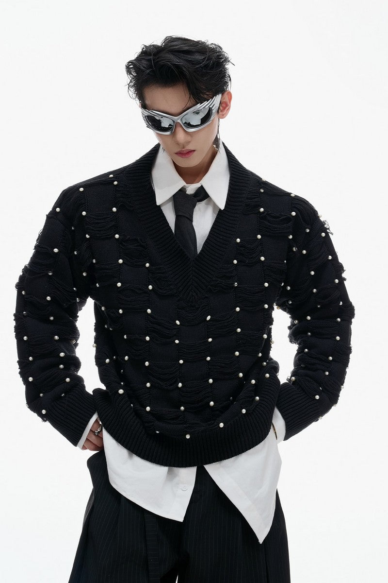 Pearl Fringe Distressed Knit Sweater