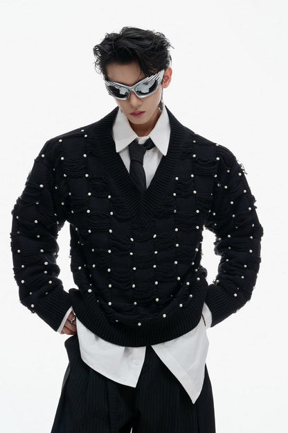 Pearl Fringe Distressed Knit Sweater