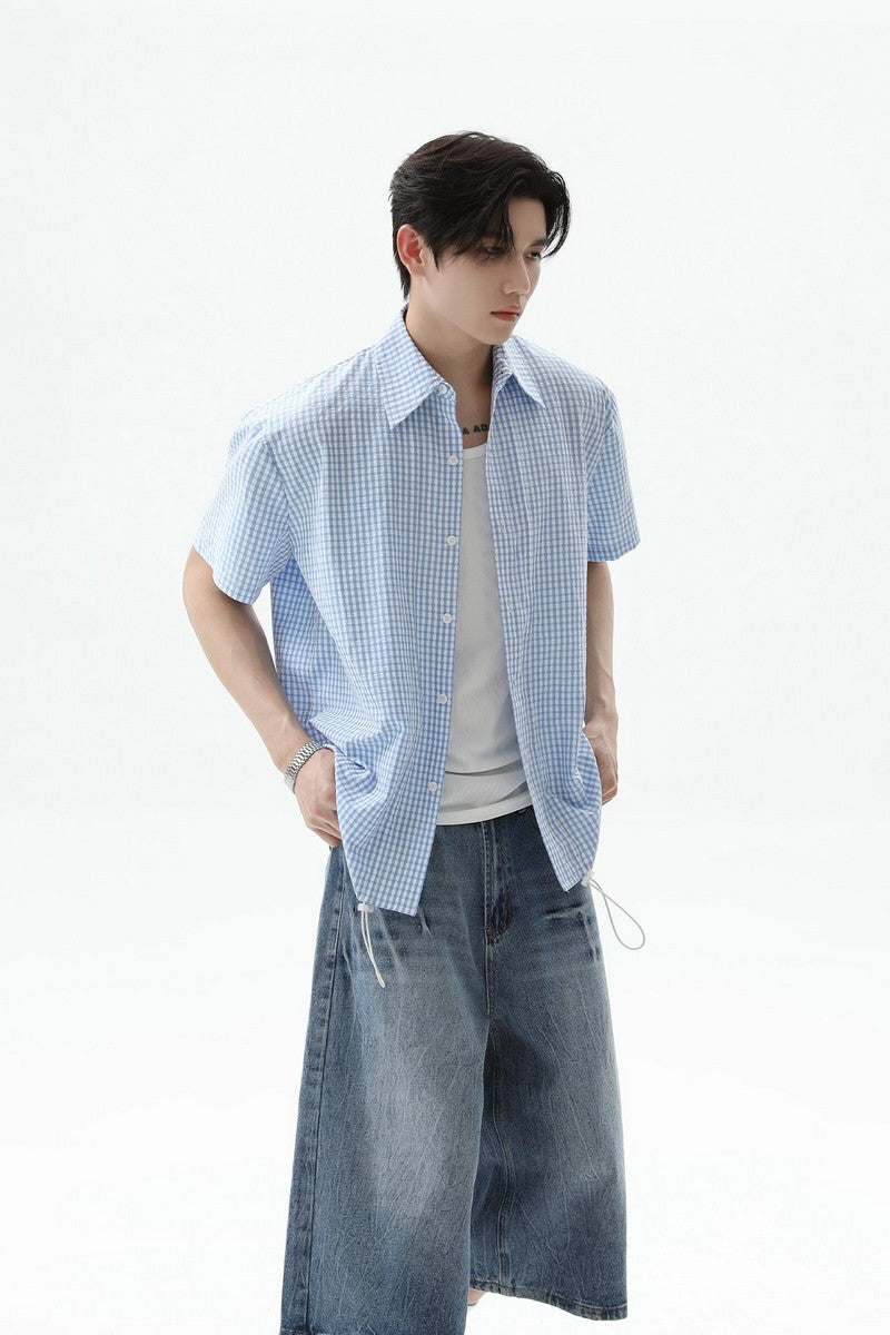 Plaid Drawstring Short Sleeve Shirt