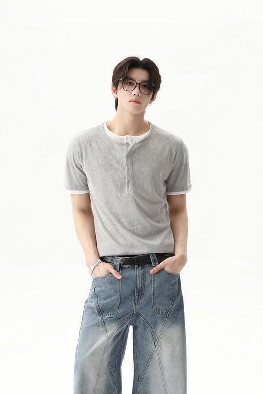 Textured Henley Layered Knit Tee