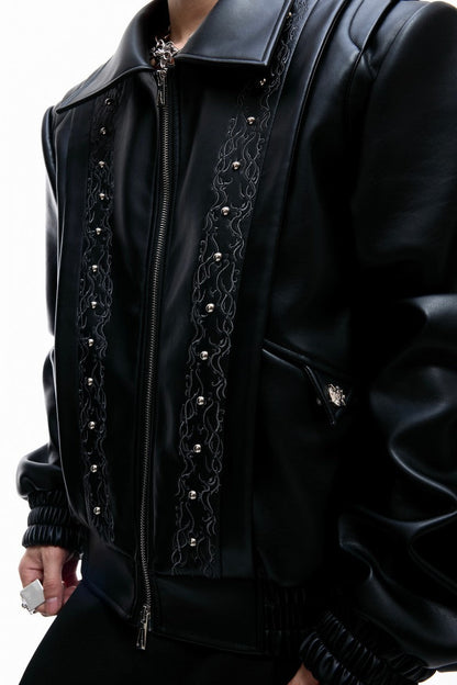 Embroidered Deconstructed Cropped Leather Jacket