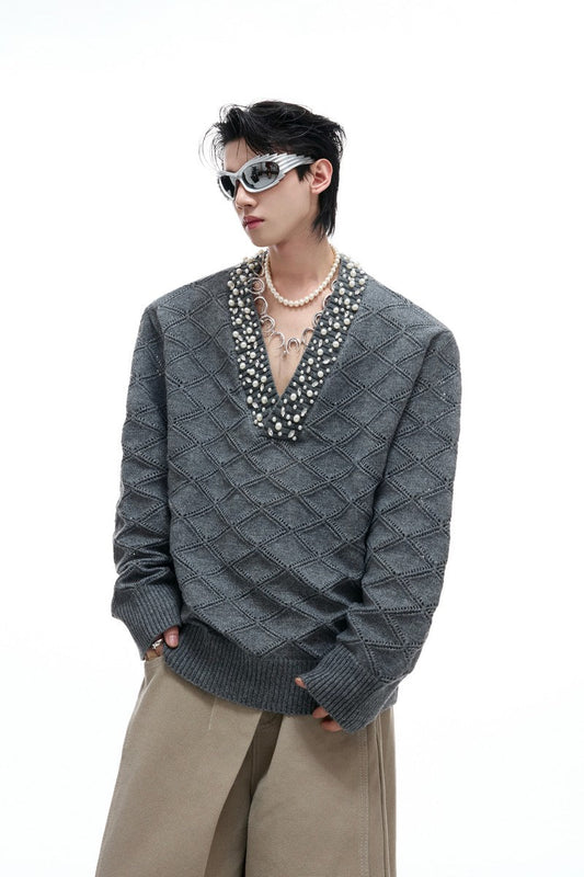 Rhinestone Diamond Knit V-Neck Sweater