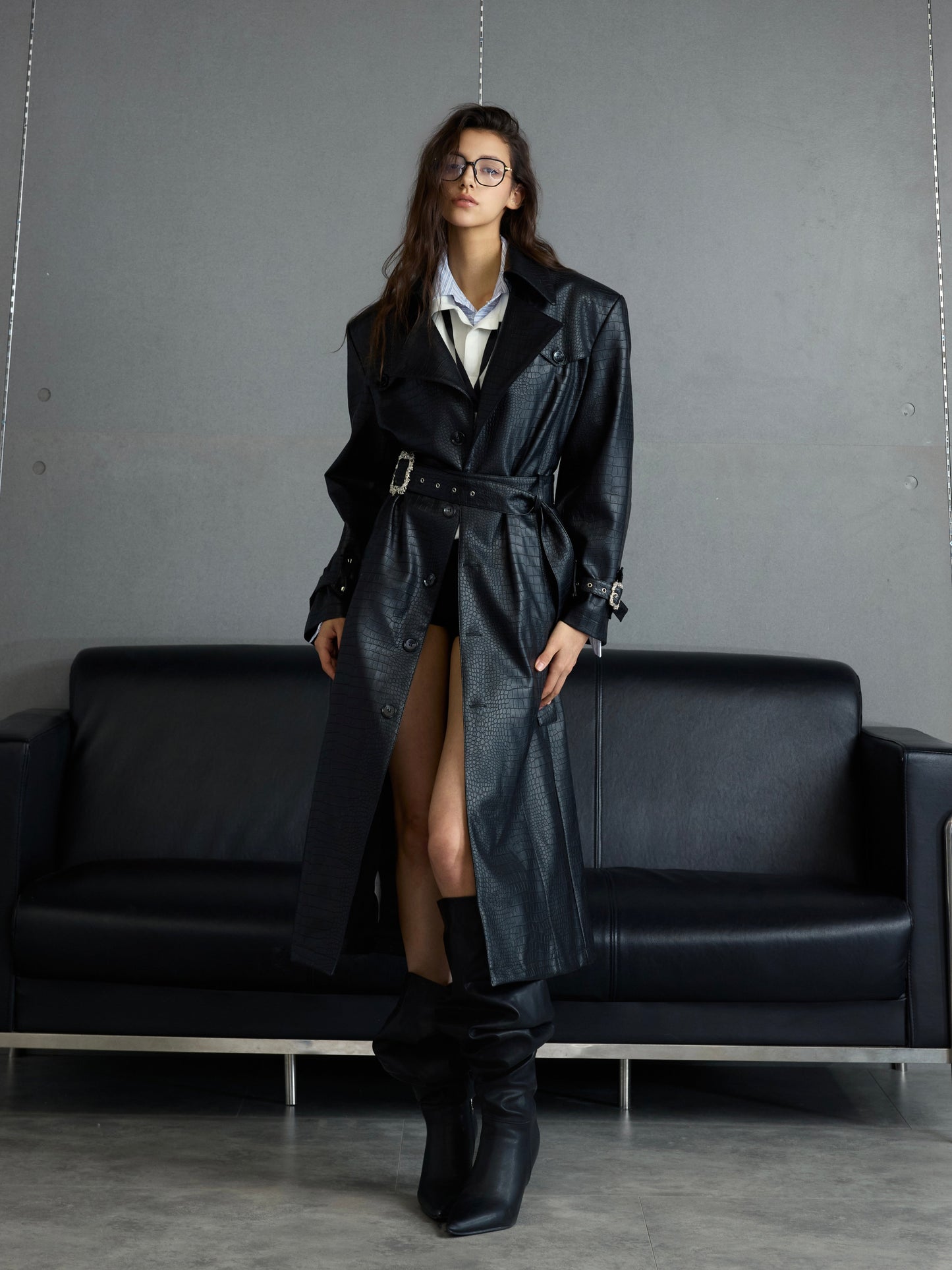 Deconstructed Croc Print Leather Trench