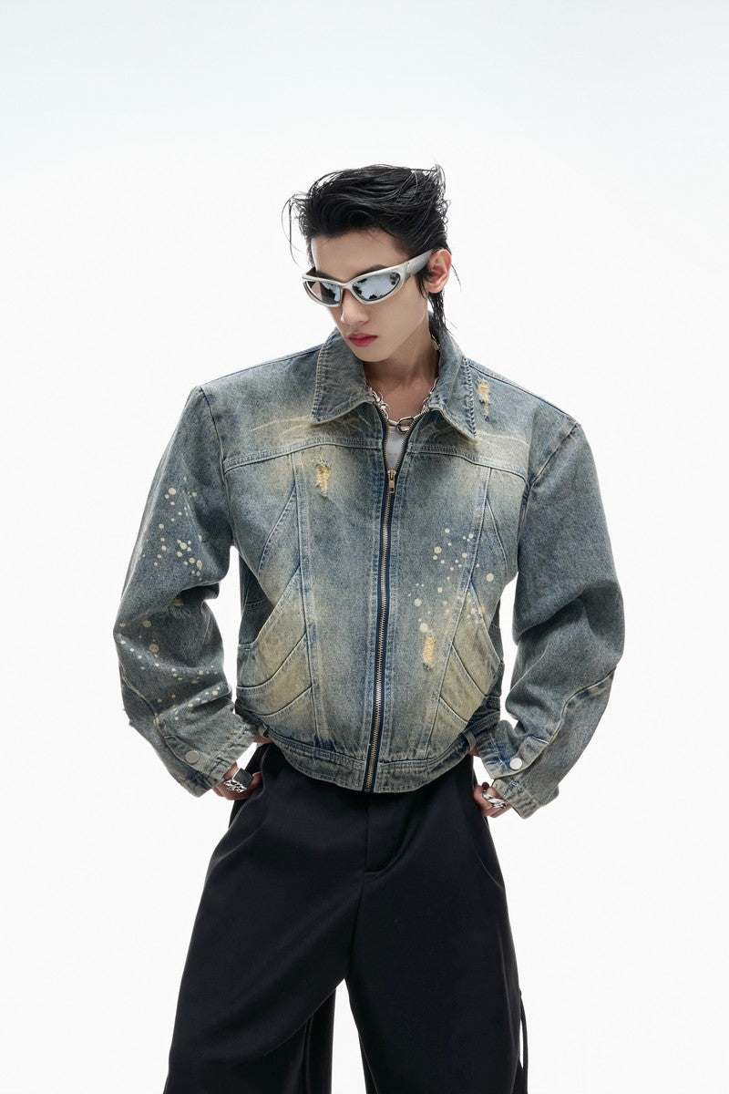 Distressed Burnout Cropped Denim Jacket