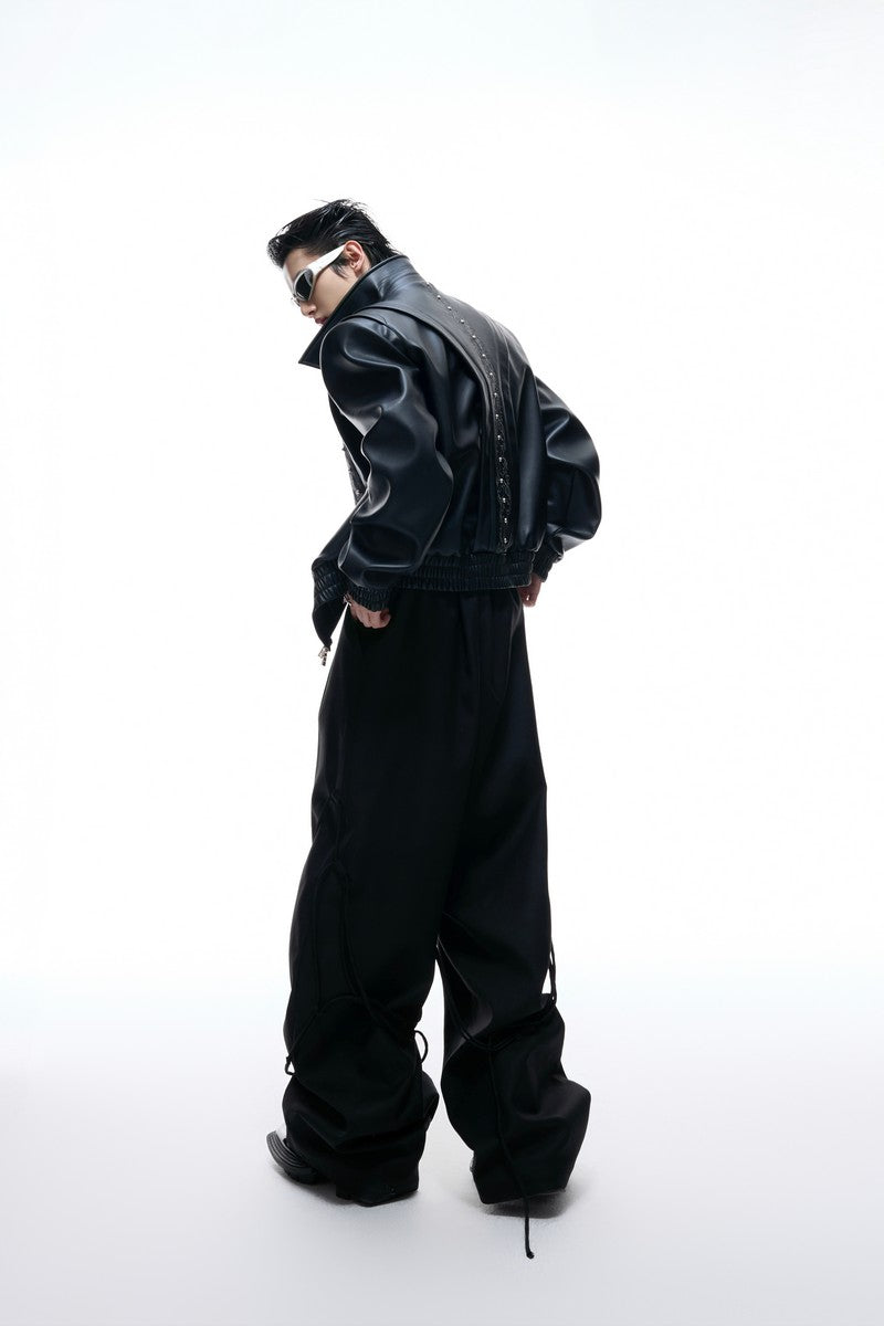 Embroidered Deconstructed Cropped Leather Jacket