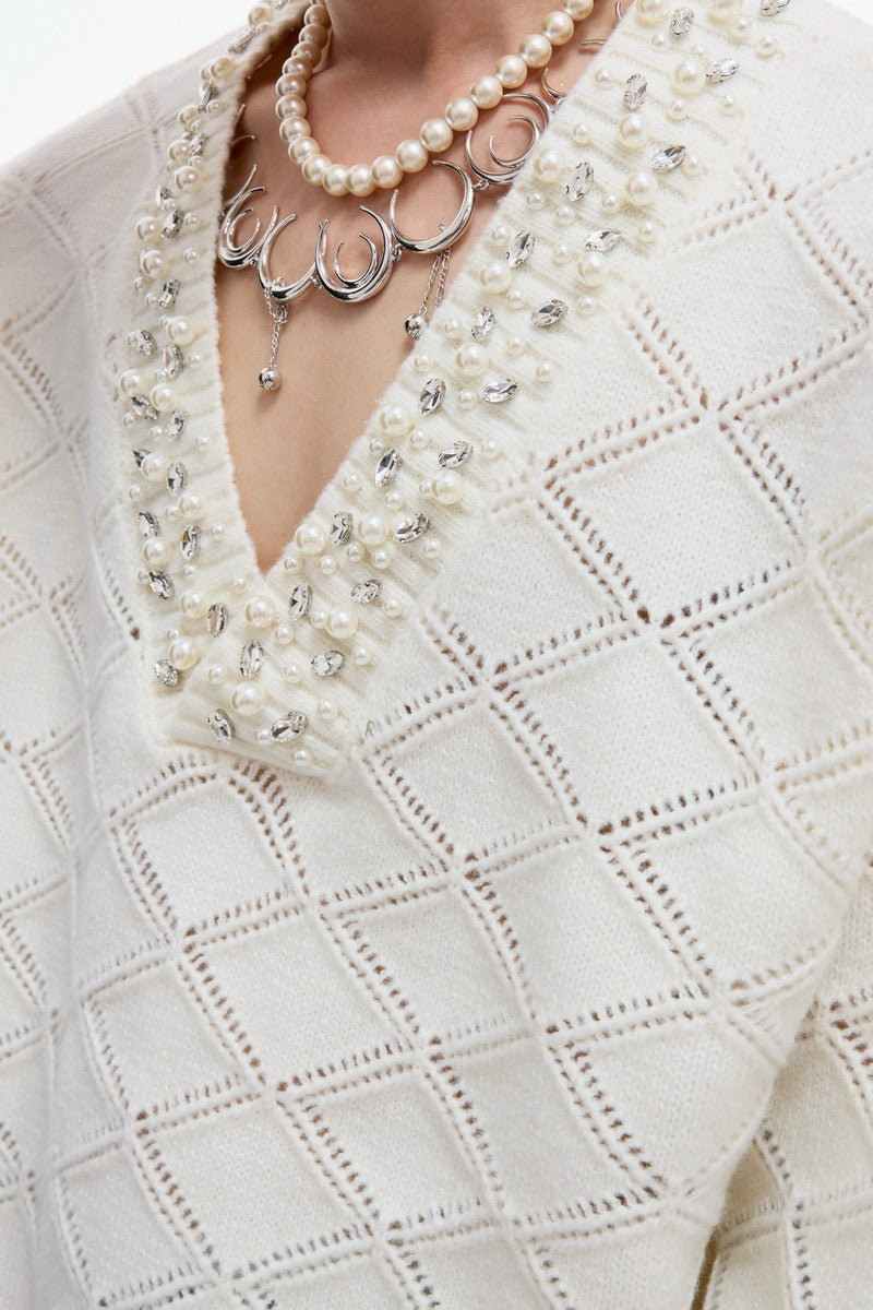 Rhinestone Diamond Knit V-Neck Sweater