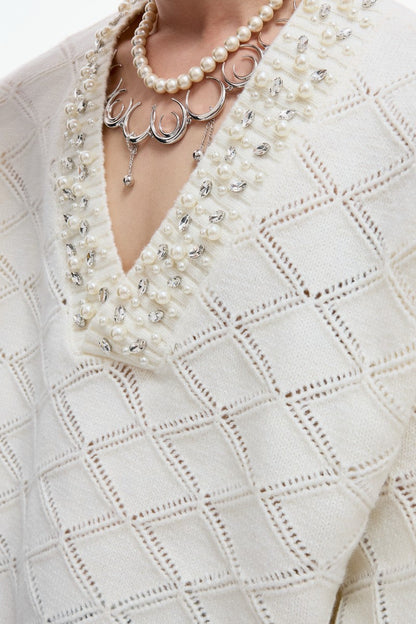 Rhinestone Diamond Knit V-Neck Sweater