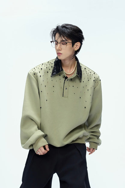 Pearl Sequin Colorblock Polo Sweatshirt