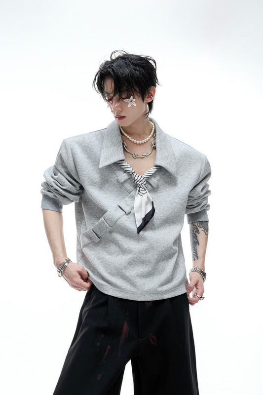 Striped Scarf V-Neck Polo Sweatshirt