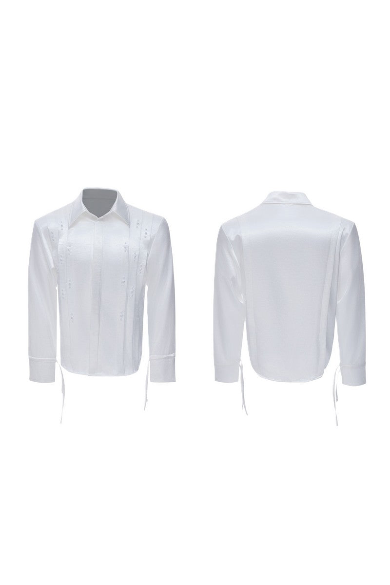 Metallic Tie Pearl Pleated Shirt