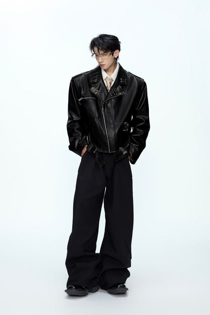 Pin Detail Geisha Print Leather Jacket