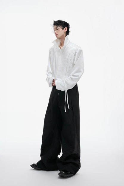 Metallic Tie Pearl Pleated Shirt