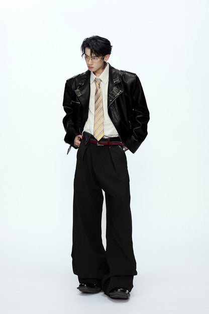 Pin Detail Geisha Print Leather Jacket