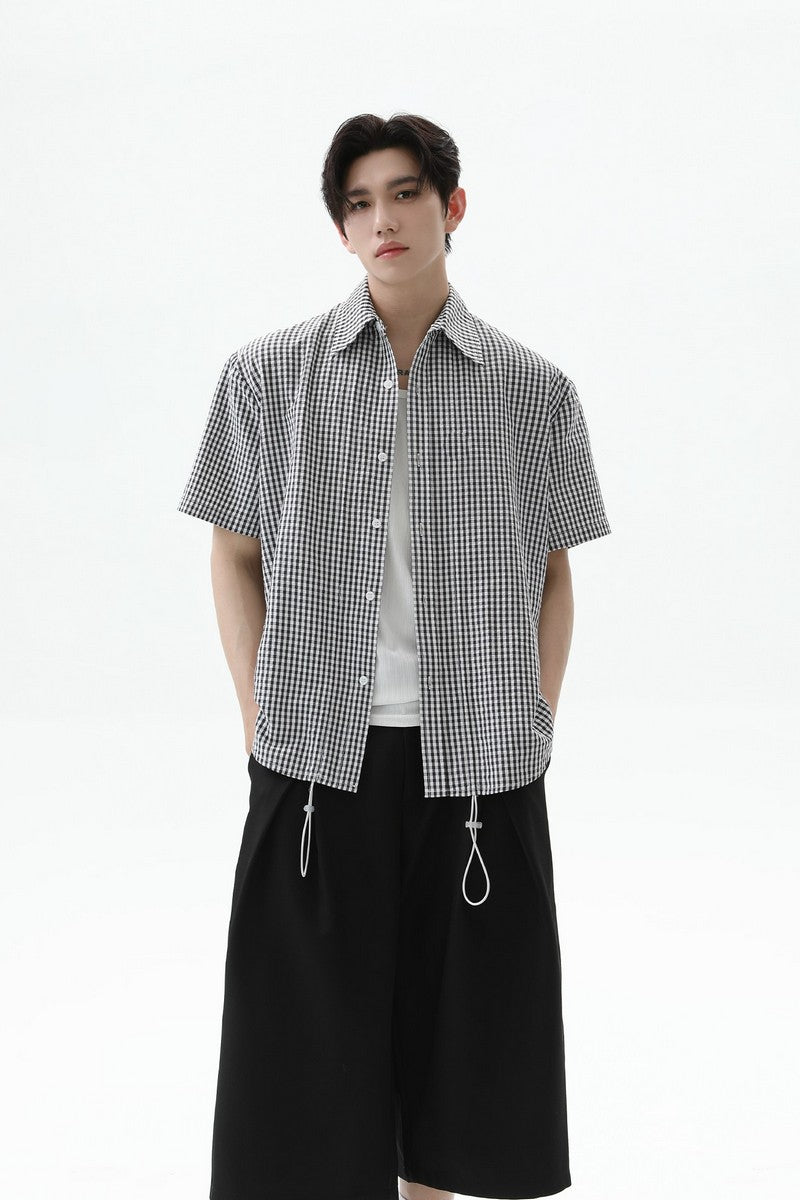 Plaid Drawstring Short Sleeve Shirt