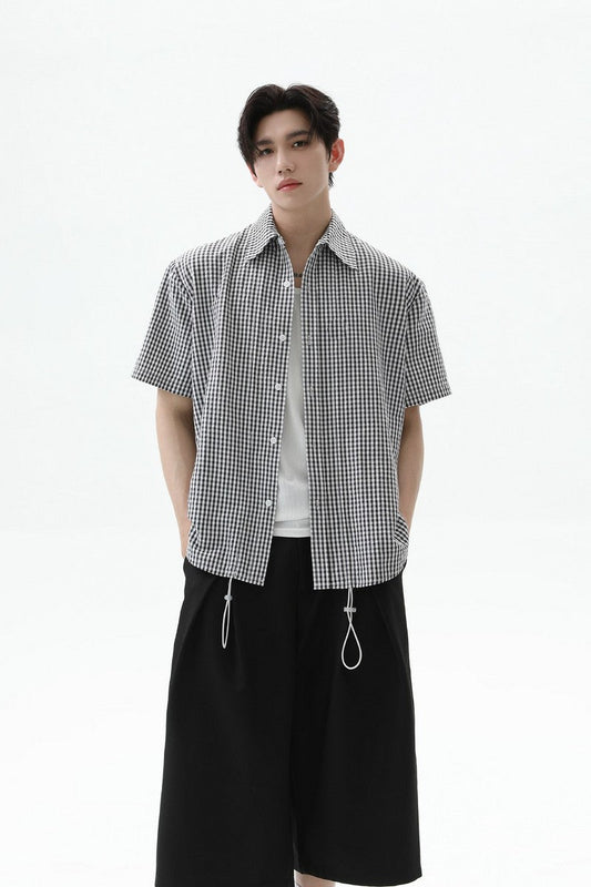 Plaid Drawstring Short Sleeve Shirt