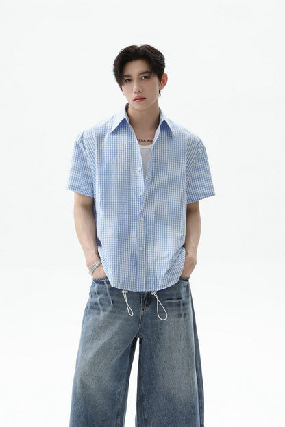 Plaid Drawstring Short Sleeve Shirt