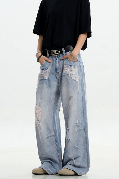 Light Blue Ripped Loose Jeans
